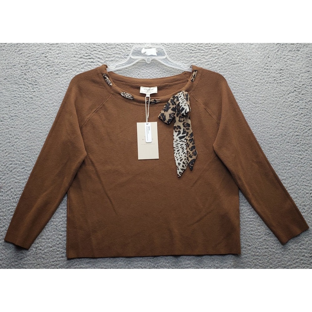 La Vila Milano Sweater Womens XL Brown Knit Long Sleeve Leopard Print Tie Neck